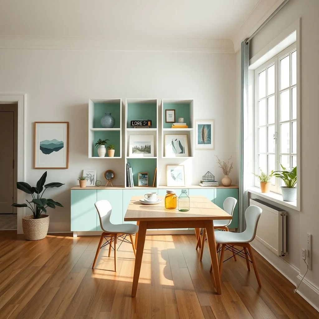 Bright dining area with white oak table staggered wall mounted cube system in matte white and pastel teal six open cubes showcasing board games and hobby tools natural daylight from large window wide angle