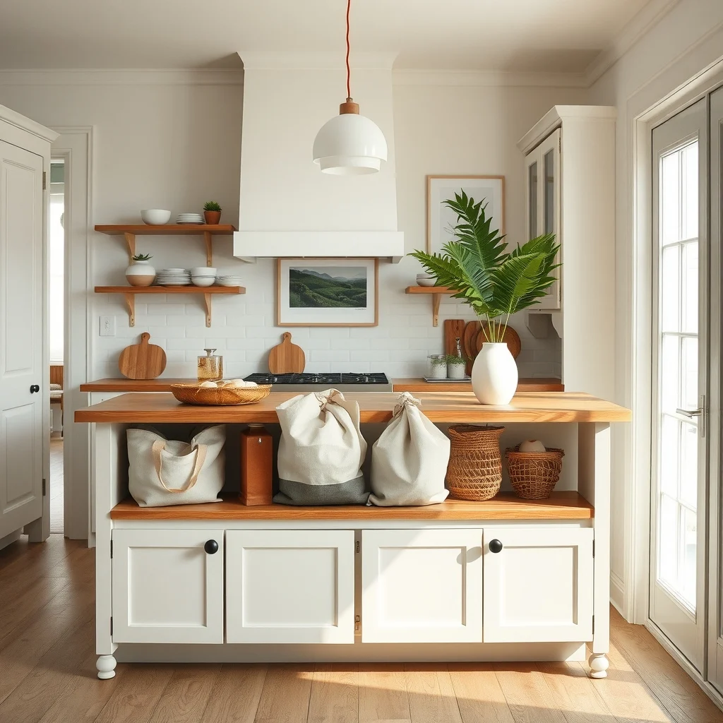 Bright farmhouse kitchen island lower shelf acts as landing zone reusable bags fan out in soft ivory sage and rust tones captured in a wide angle shot with natural window light
