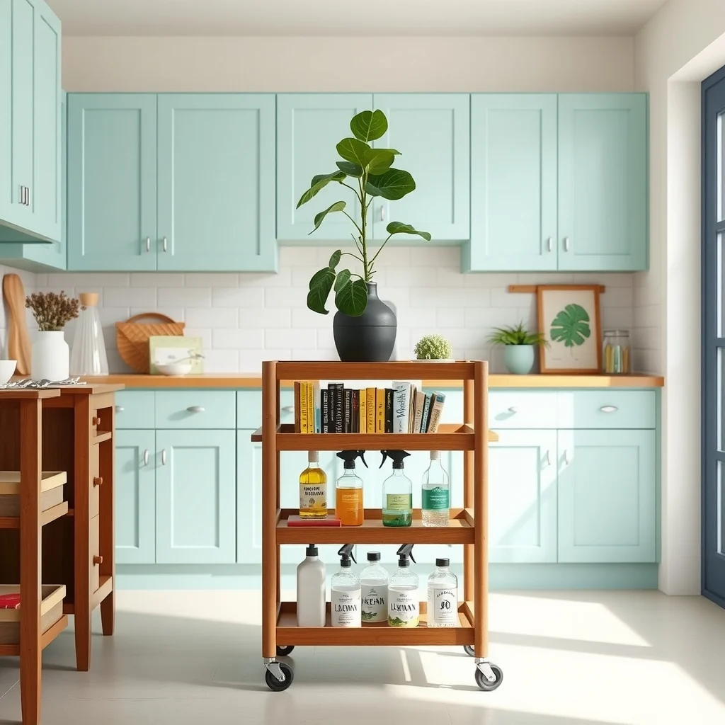 Bright kitchen scene shows a three tier walnut rolling cart against pastel teal cabinets top tier holds a green fiddle leaf fig middle tier displays colorful cookbooks bottom holds neatly labeled cleaning bottles natural daylight