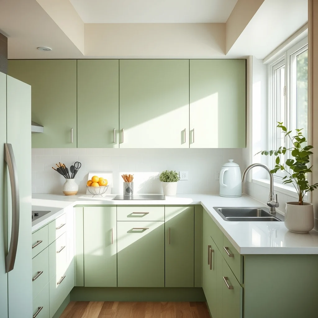 Bright mid century modern kitchen matte sage green painted cabinets replacing laminate subtle chalk paint texture visible white quartz countertop natural light flooding from a nearby window wide angle view