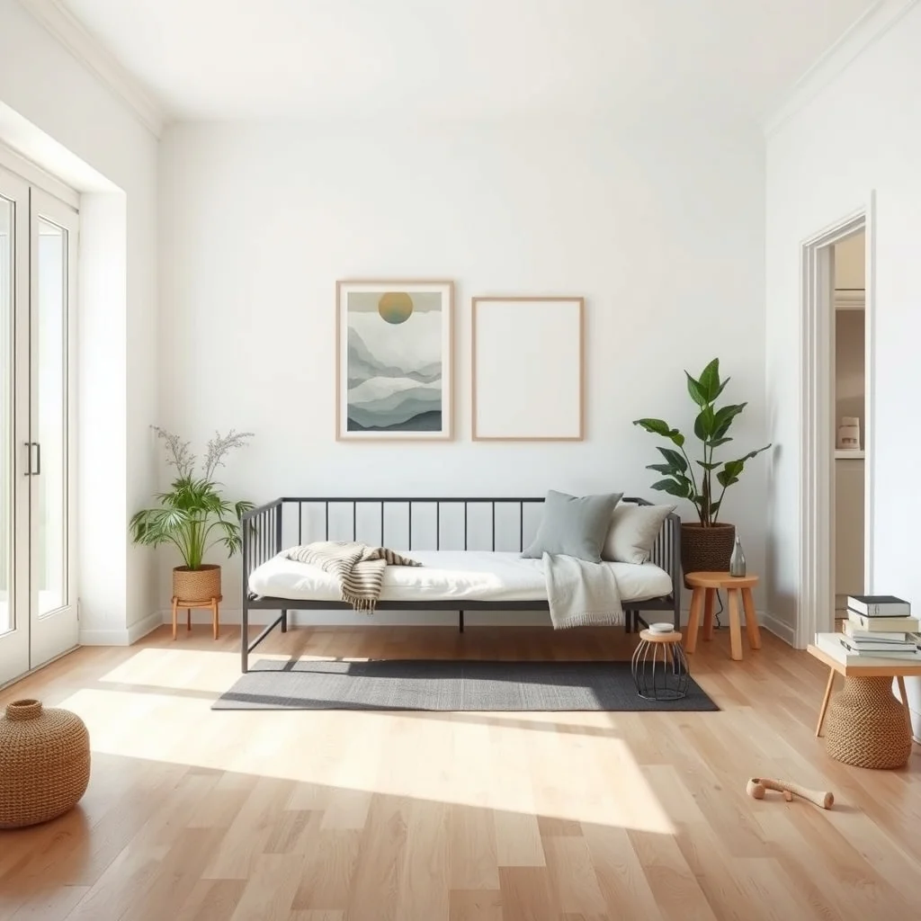 Bright Scandinavian studio light oak flooring white walls a sleek metal daybed positioned just off the clear traffic lane from entry to kitchen minimal rug guides flow natural light streams from large window