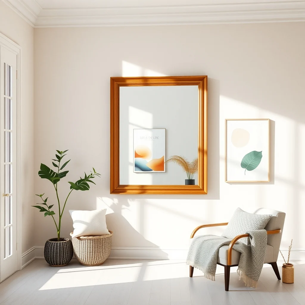 Bright studio with a large beveled wood frame mirror on a pastel accent wall mirror reflects natural light expanding space while subtle gold trim adds architectural flourish