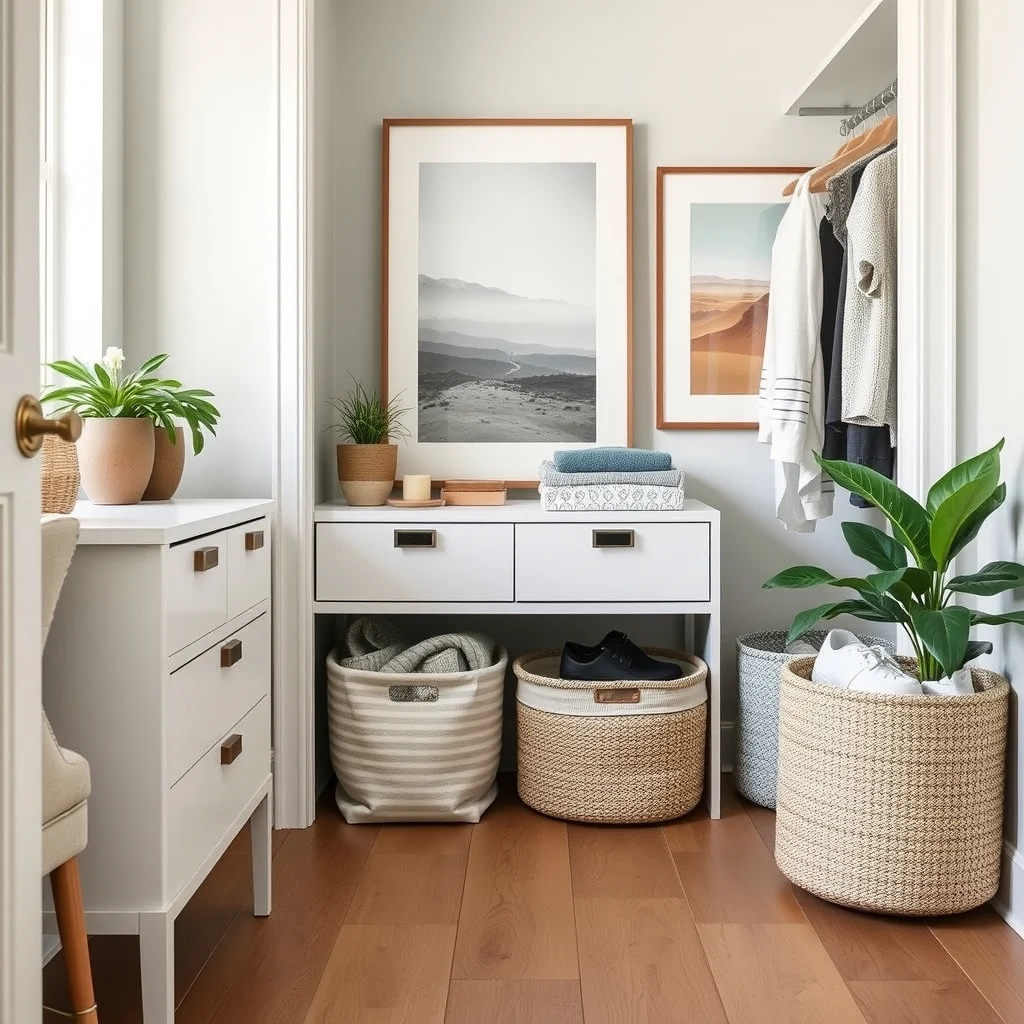 Clever Storage Ideas for Apartments With Shallow Closets interior: 5. Line the Closet Floor with Coordinated Baskets - Soft fabric baskets placed on the closet floor provide a tidy home for shoes, folded denim, or laundry hampers. Selecting baskets in a muted hue—such as soft greige linen or muted sage—creates a cohesive visual
