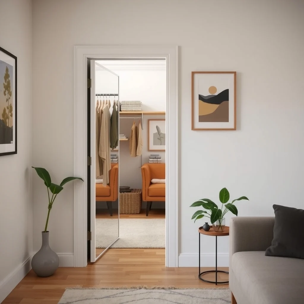 Clever Storage Ideas for Apartments With Shallow Closets interior: 7. Choose a Mirrored Cabinet That Extends Slightly Beyond the Closet Opening - A shallow mirrored cabinet placed just outside the closet door adds a decorative element while providing concealed storage behind the reflective surface. The mirror makes the entry feel larger, and the cabinet’s interior can house