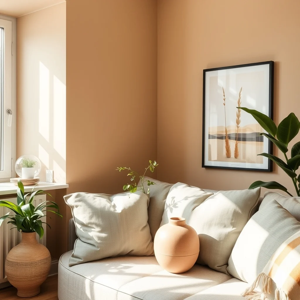 Close-up of a corner wall painted warm greige paired with muted sage cushions and a pale terracotta ceramic vase minimalist abstract art adds subtle color harmony reflecting daylight