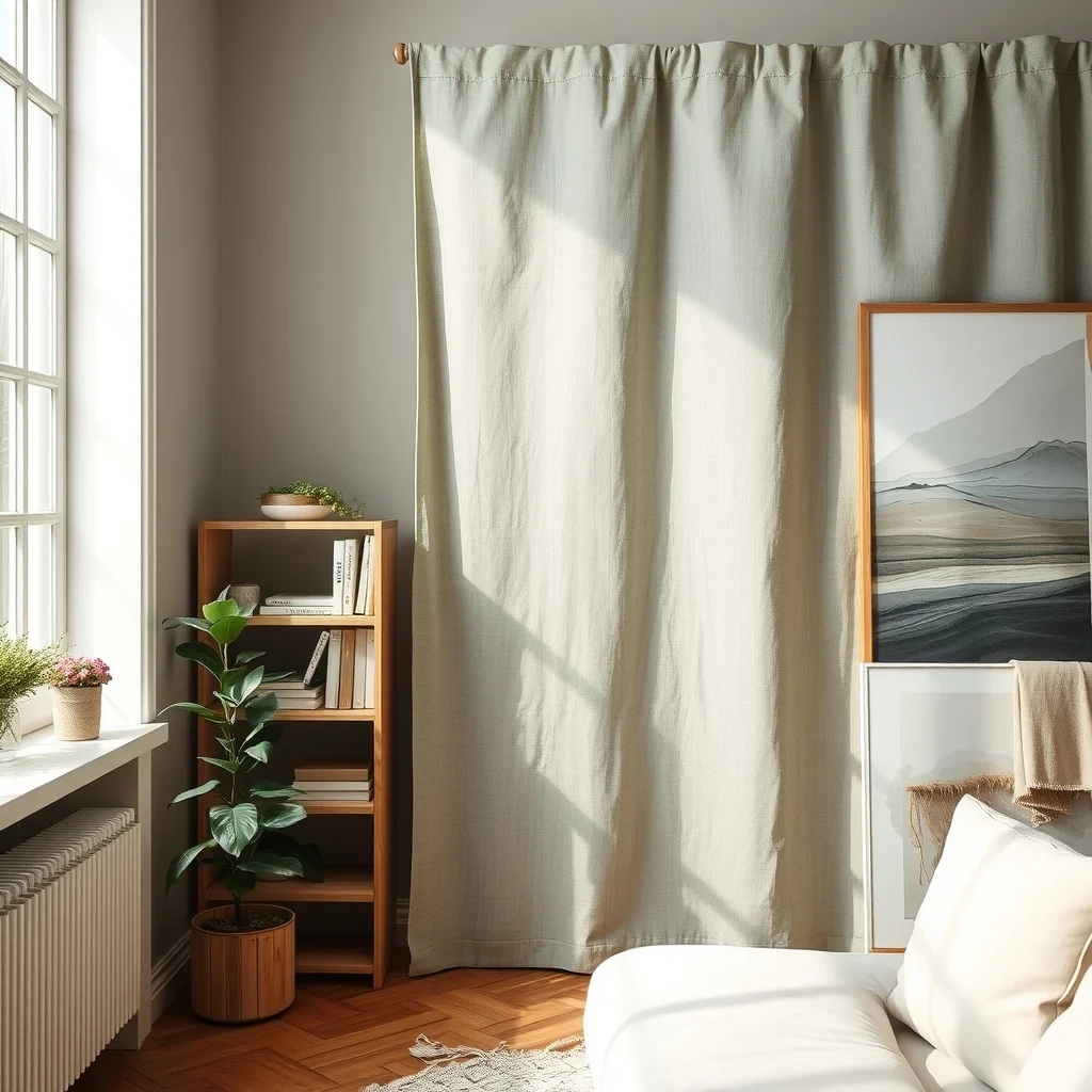 Close up of a large linen fabric wall panel in muted sage hung from a discreet tension rod soft diffused daylight highlights the cotton blend texture while a nearby warm greige bookshelf adds depth
