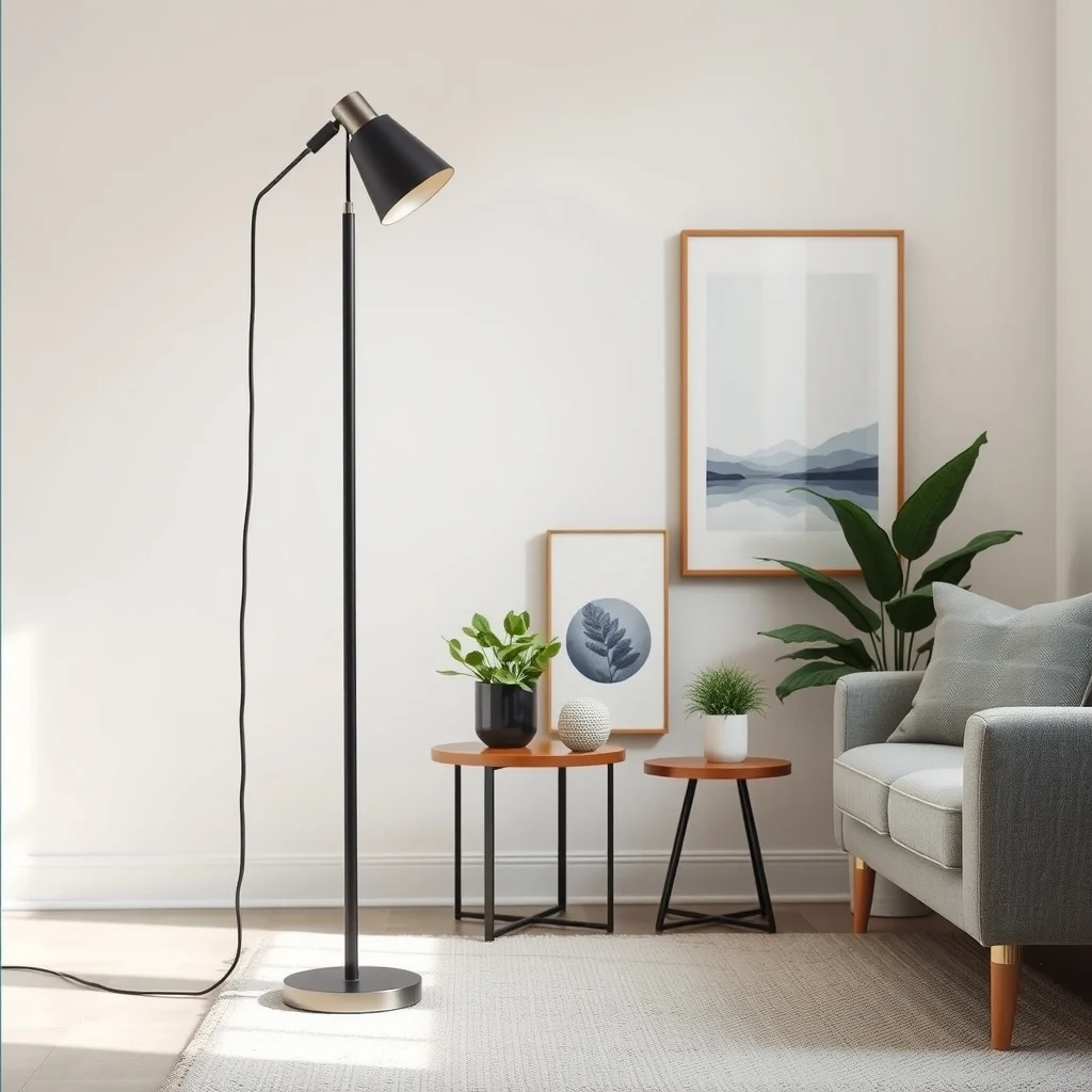 Close-up of a tall slender floor lamp reaching six matte black metal pole narrow brushed nickel base casting a focused vertical glow over a