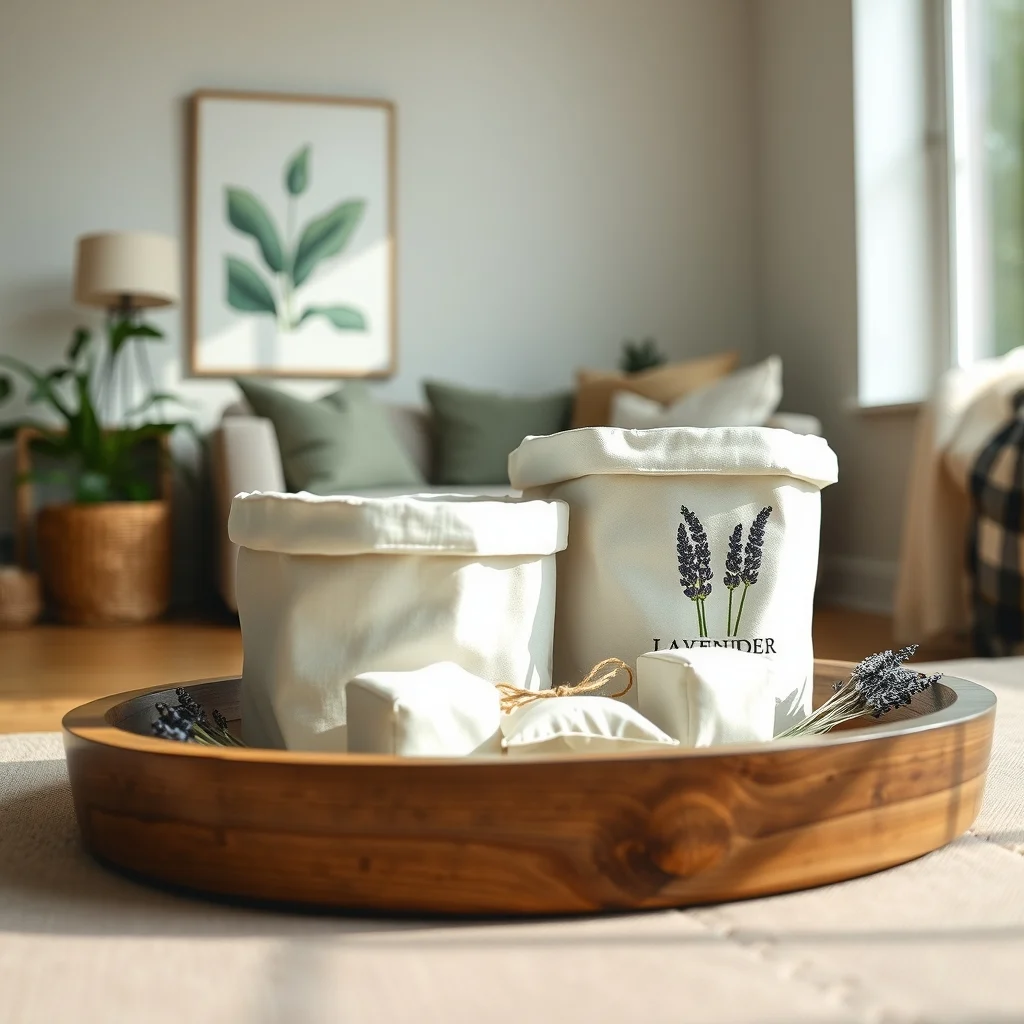 Close up of breathable cotton storage containers cedar blocks and lavender sachets arranged on a reclaimed wood tray soft daylight accentuates textures emphasizing natural odor prevention accessories for winter coats