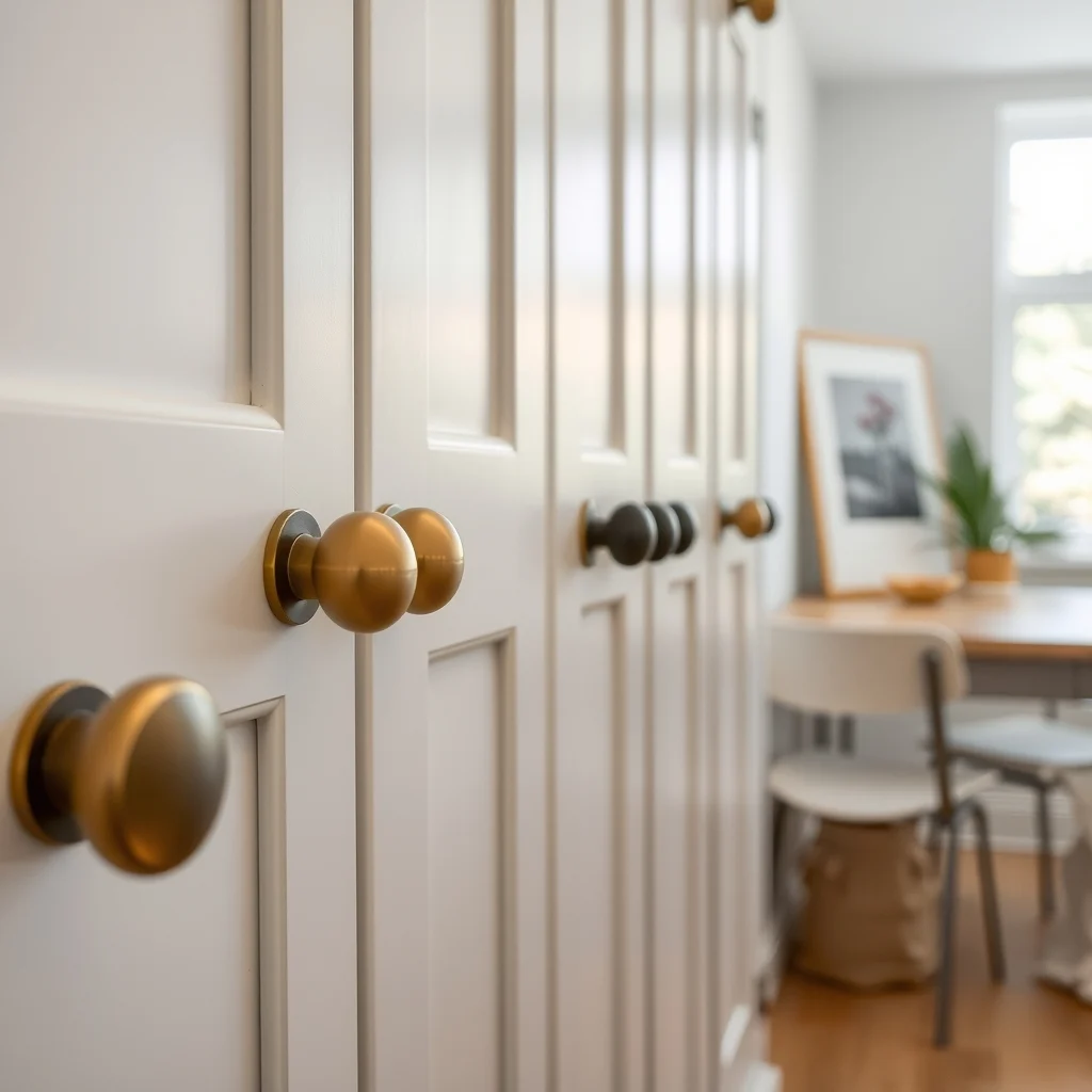 Close up of brushed brass cabinet pulls and matte black knobs arranged on sleek white doors polished nickel hinges glint shallow depth of field soft ambient kitchen lighting highlighting metallic finishes