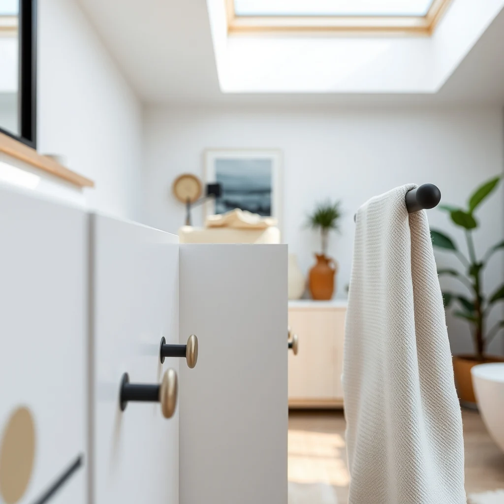 Close up of brushed nickel cabinet pulls and matte black towel bar hardware on white vanity matte black adhesive bracket soft daylight from skylight minimalist style focus on texture and metallic contrast