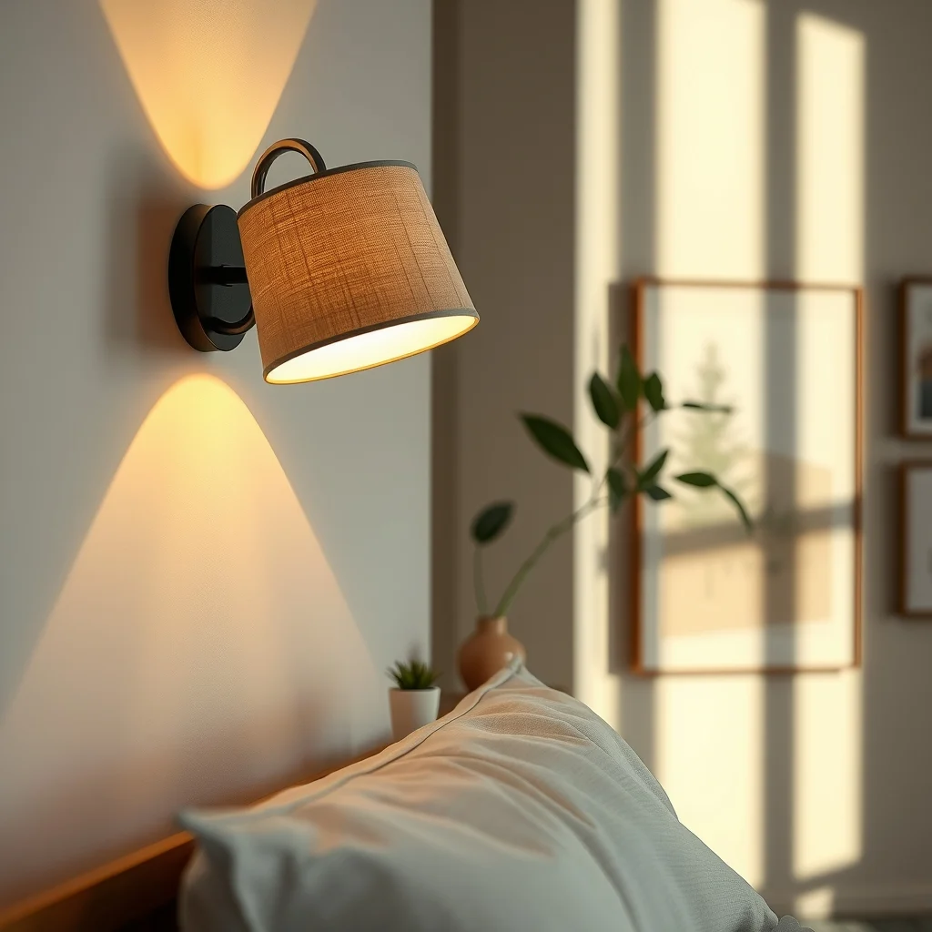 Close up vignette of a sleek Scandinavian wall sconce with curved linen shade mounted at eye level emitting an upward glowing amber wash that softens a