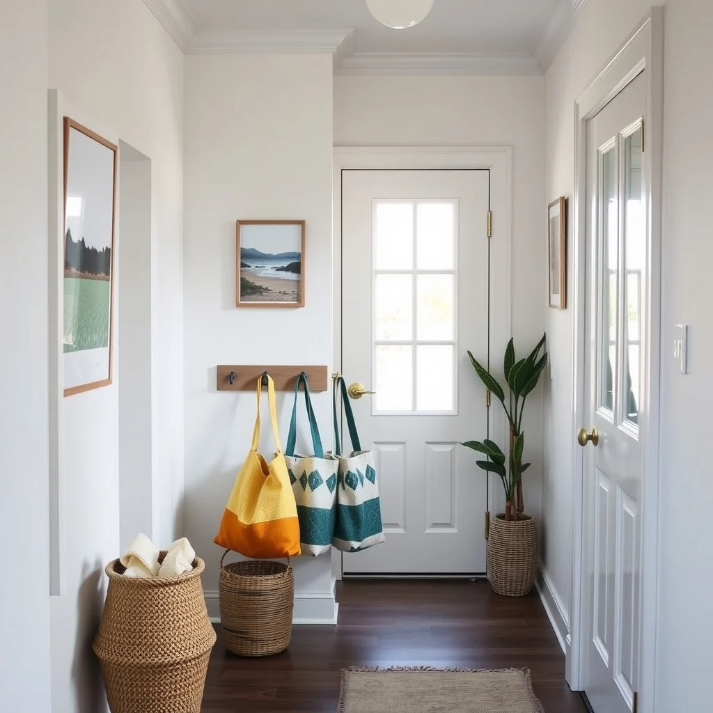Coastal entryway featuring brushed metal wall rack at waist height reclaimed wood hooks spaced evenly a row of teal and mustard reusable bags hangs bathed in natural doorway light