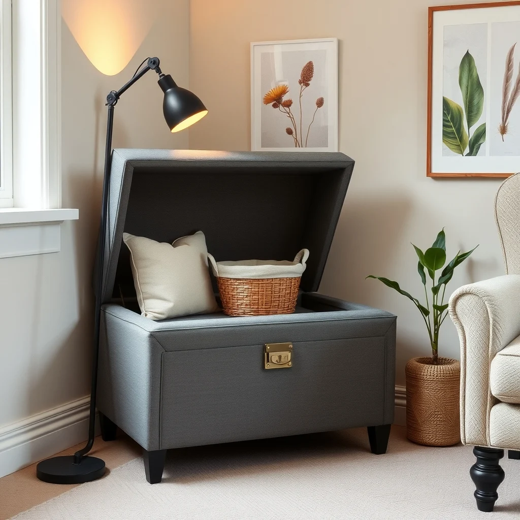 Compact corner nook deep seat ottoman in muted slate fabric brass latch subtly embossed opened to reveal woven linen basket warm amber lighting from floor lamp botanical print on adjacent wall
