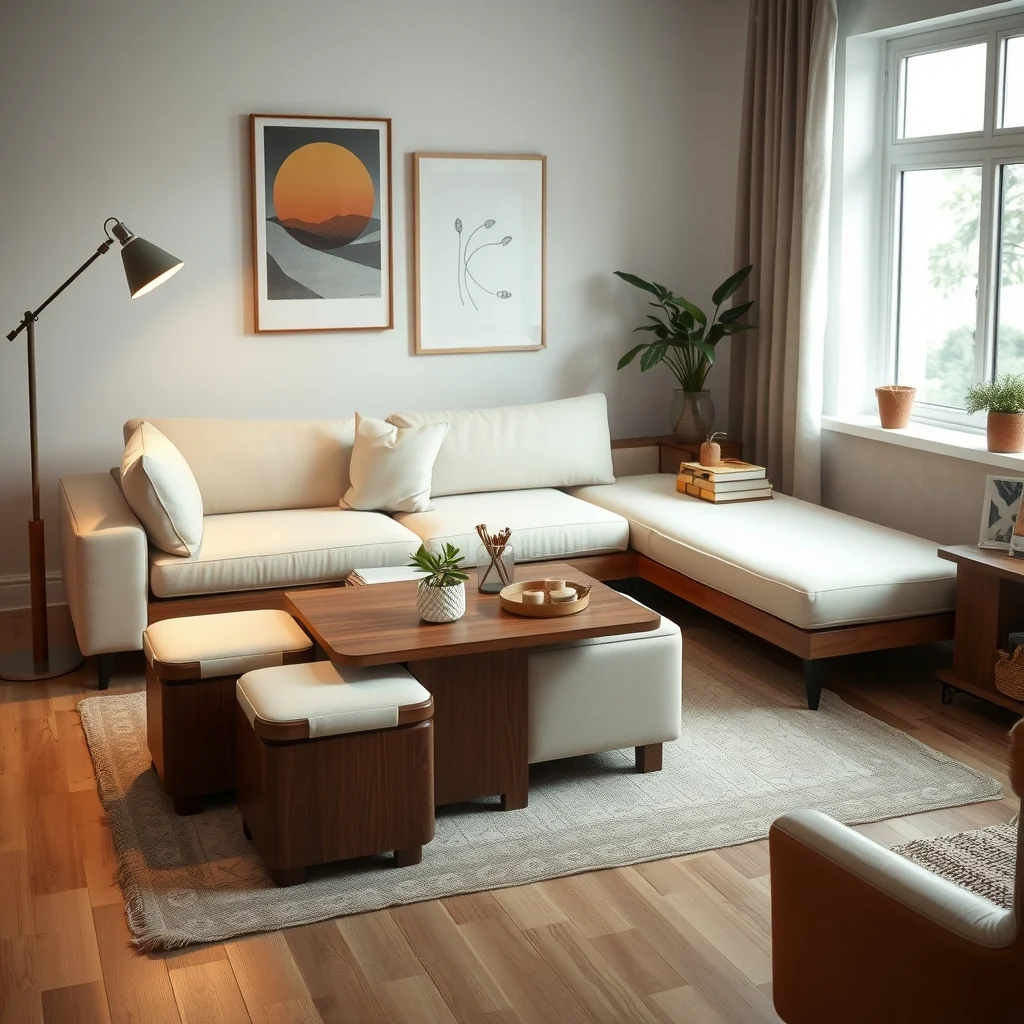 Compact mid century sofa with hidden storage compartment sleek lift top coffee table and nesting side stools light walnut wood contrasts with soft ivory upholstery bathed in warm floor lamp glow