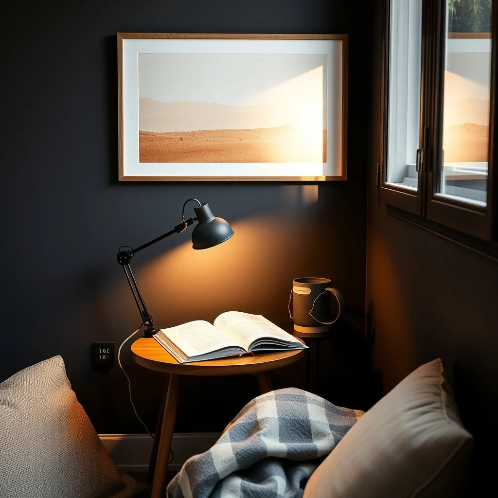Compact reading nook with an adjustable swivel lamp on a walnut side table arm angled toward an open book warm pool of light contrasting dark slate walls vignette composition