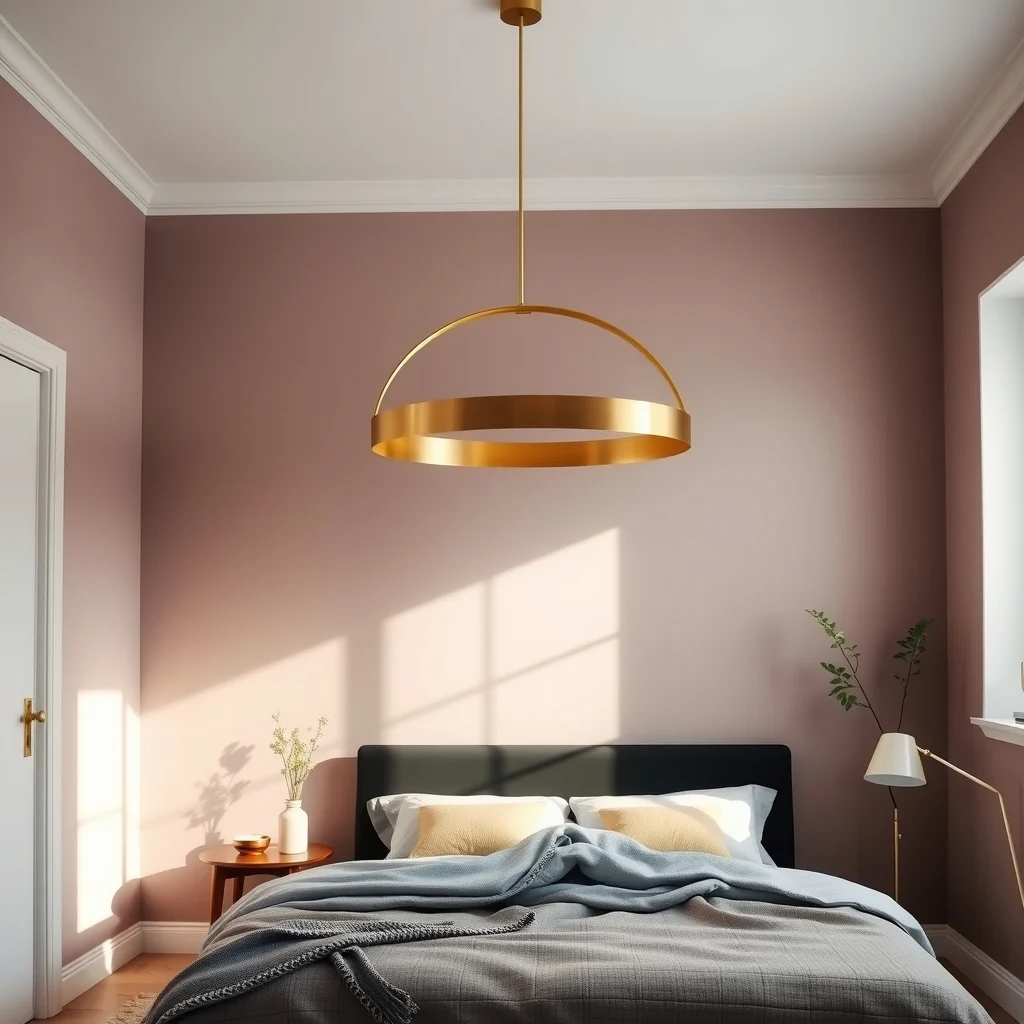 Contemporary bedroom view with a curved brushed gold semi circular pendant suspended over the bed muted mauve walls a low black headboard and diffused daylight highlighting the canopy effect