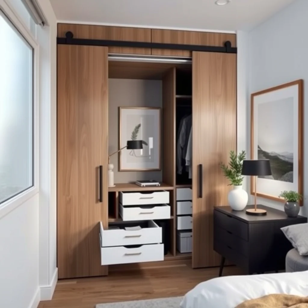 Contemporary bedroom with built in wardrobe gap between sliding doors revealed custom pull out organizer in matte black metal rails slim white drawers soft natural light from frosted window close up vignette
