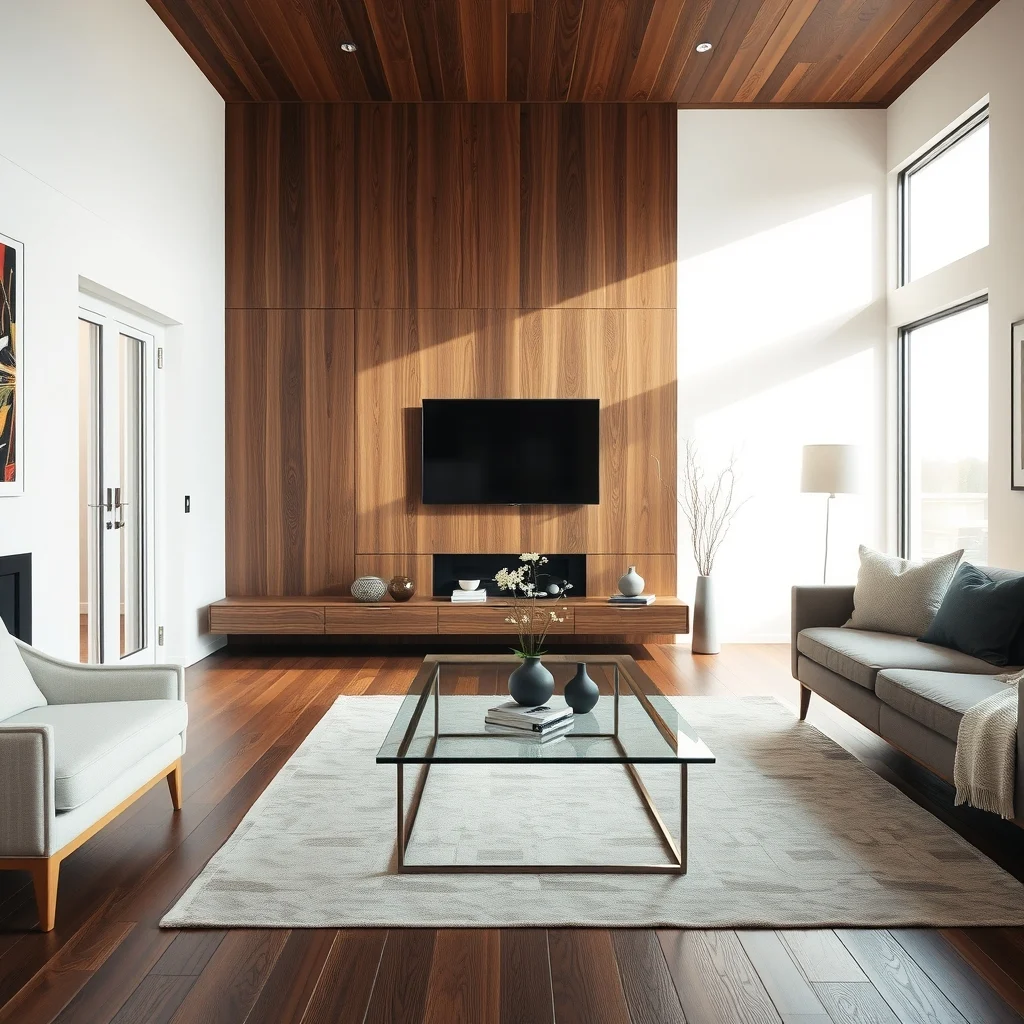 Contemporary living area glass coffee table centered before dark walnut