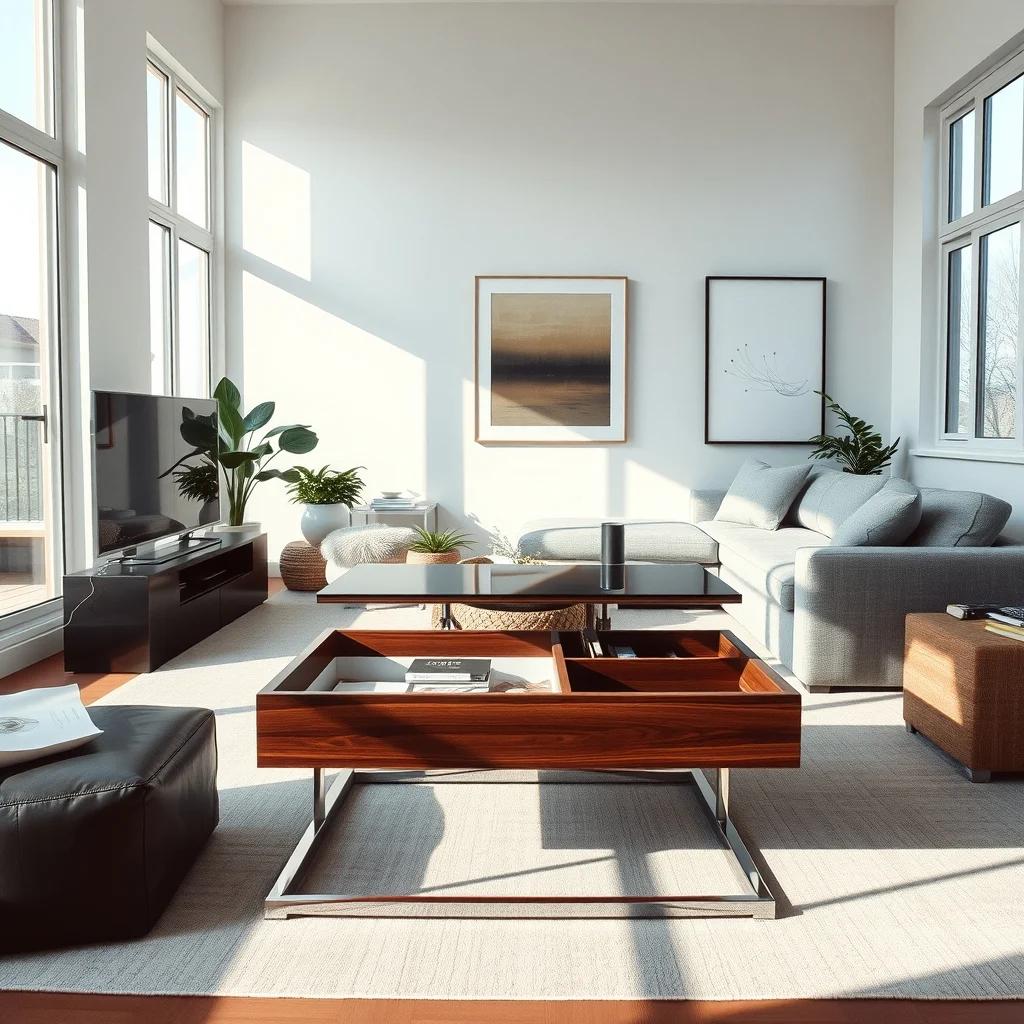 Contemporary living area glass topped lift top coffee table in polished chrome opened to reveal a dark walnut compartment low profile sectional in dove gray sunlit through floor to ceiling windows