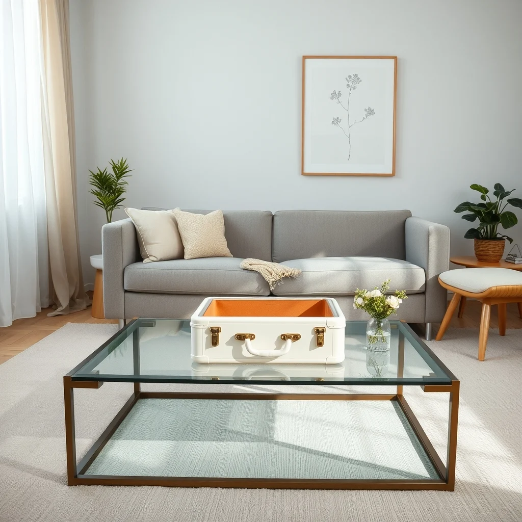 Contemporary living room low glass coffee table with lift top brushed brass open lid showing pastel suitcase soft daylight through sheer curtains minimal abstract line art on wall