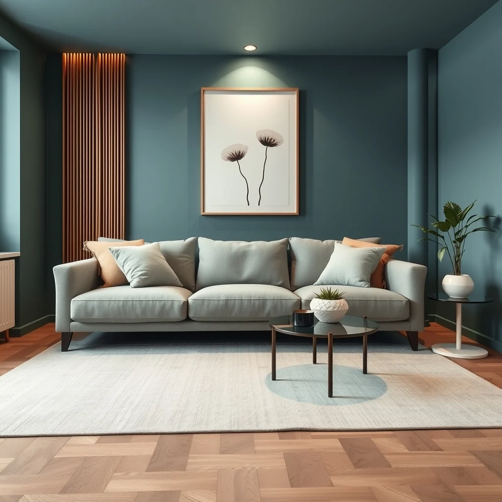 Contemporary sofa with hollow wooden cables disappearing into internal channels a sleek glass side table nearby muted teal walls recessed LED strip lighting outlines the furniture creating a clean vignette