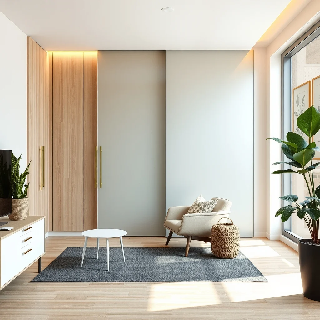 Contemporary studio split by frosted glass sliding divider with light oak cabinets thin brass handles floor to ceiling panels warm LED strip lighting along top edge muted charcoal rug underneath