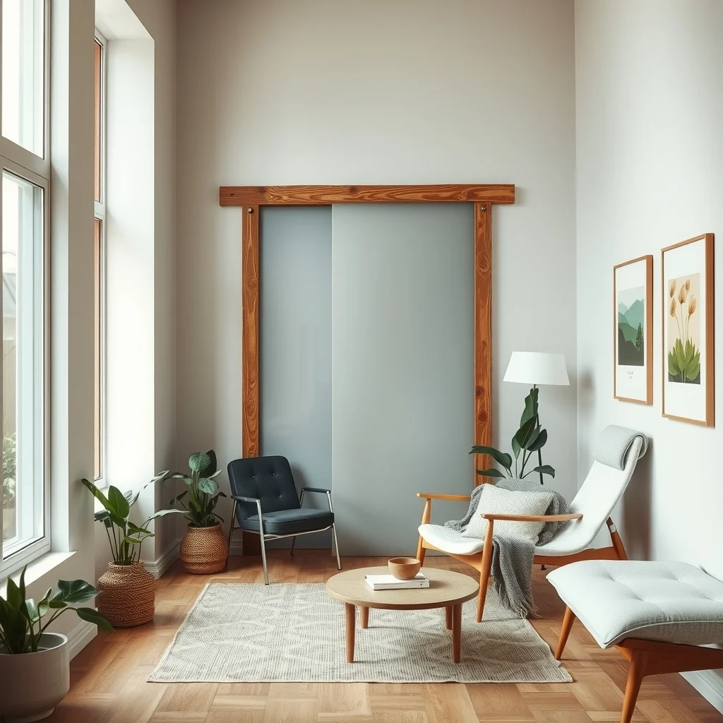 Contemporary studio with frosted glass sliding panel tucked into wall pocket reclaimed wood frame soft diffused glow