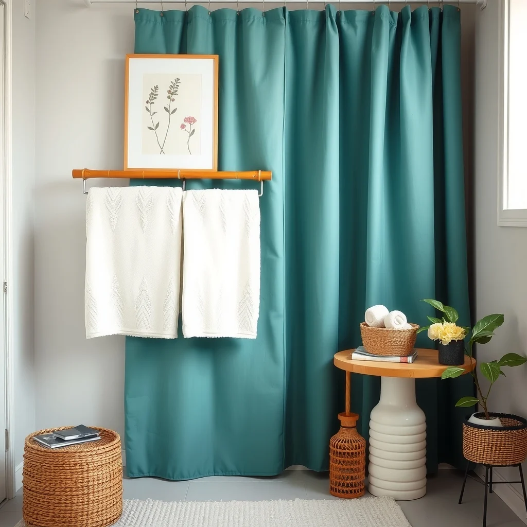 Coordinated bathroom textiles plush ivory towels draped over a bamboo rack teal shower curtain with subtle botanical