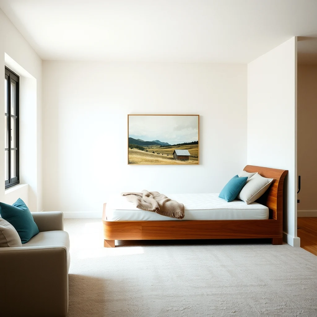 Corner placed walnut veneered curved headboard mattress snug against walls open wall behind for sleek sofa soft teal accent pillow abstract landscape canvas diffused ceiling light balanced composition highlighting corner flow