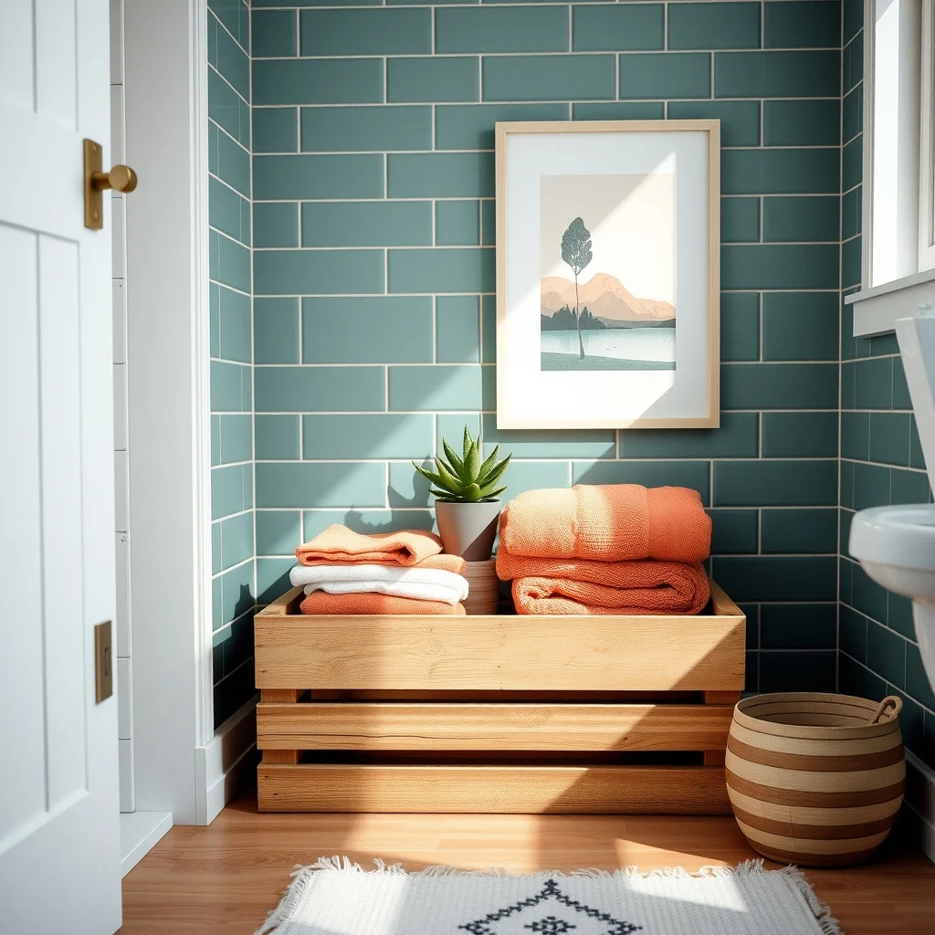 Cozy bathroom niche displays a weathered flea market wooden crate slatted pine sides revealing folded terracotta hued towels soft diffused daylight a small potted succulents muted teal wall tiles