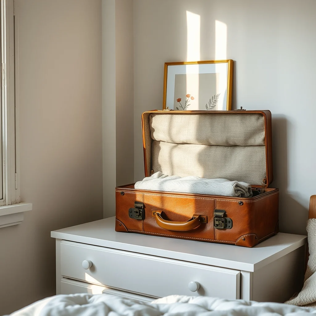 Cozy bedroom corner presents a weathered leather suitcase perched on a white dresser interior lined with soft gray canvas revealing folded microfiber cloths muted gold lighting casts warm shadows vintage