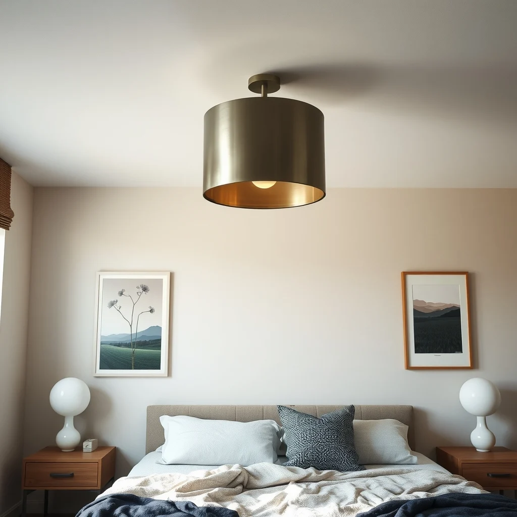 Cozy bedroom corner shot showing a sleek brushed metal ceiling fixture emitting warm glow flanked by two