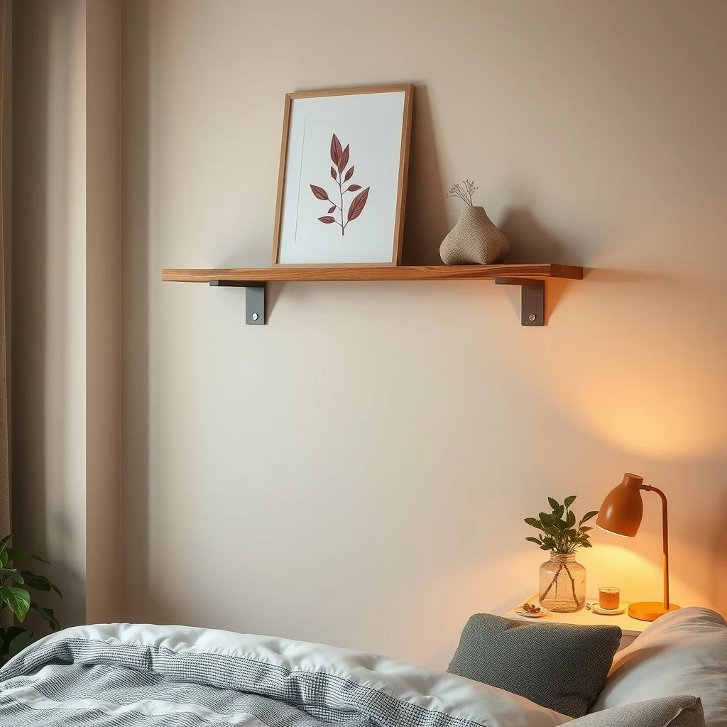Cozy bedroom reclaimed pine floating shelf mounted above a desk matte metal brackets integrated white outlet warm amber lamp glow greige walls subtle botanical print perspective from slightly above