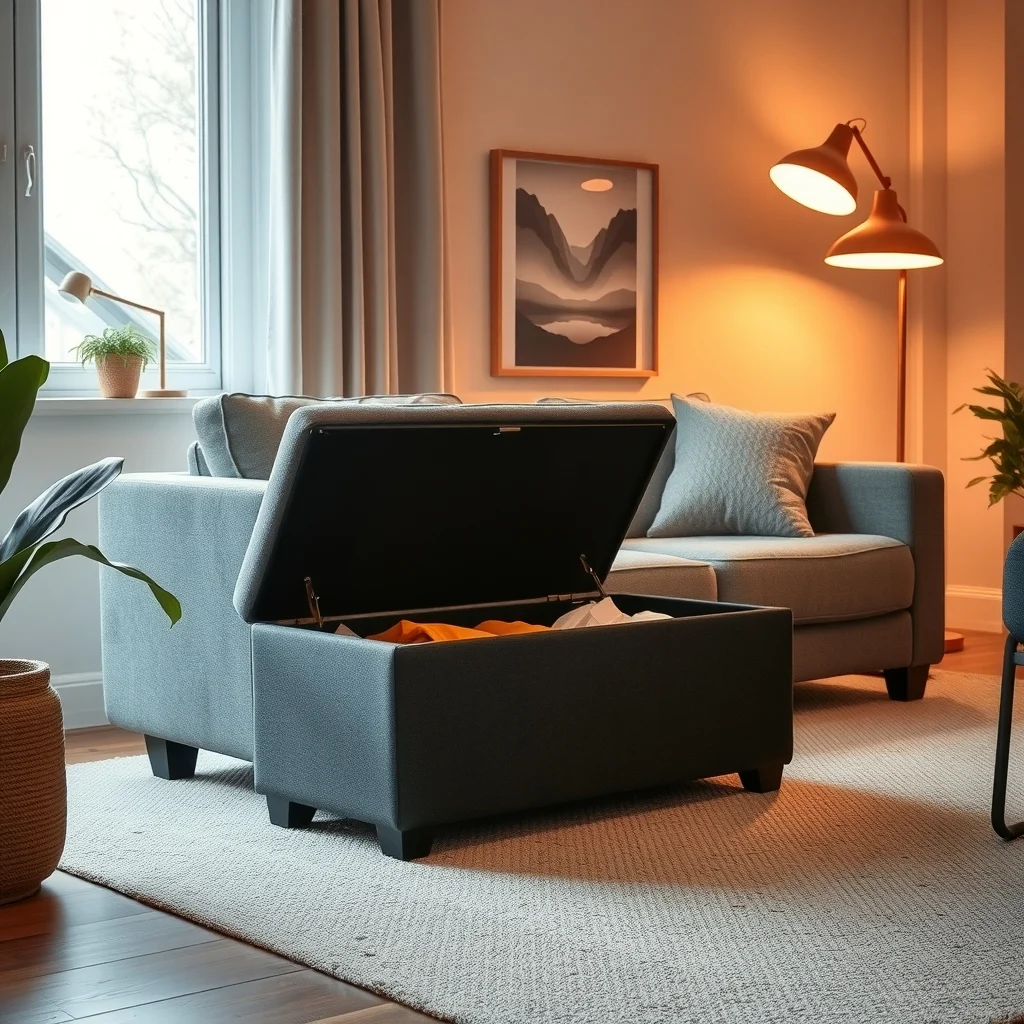 Cozy contemporary space featuring a narrow charcoal fabric storage ottoman tucked behind a plush gray sofa footrest height hinged top revealing interior dividers illuminated by warm amber floor lamp glow