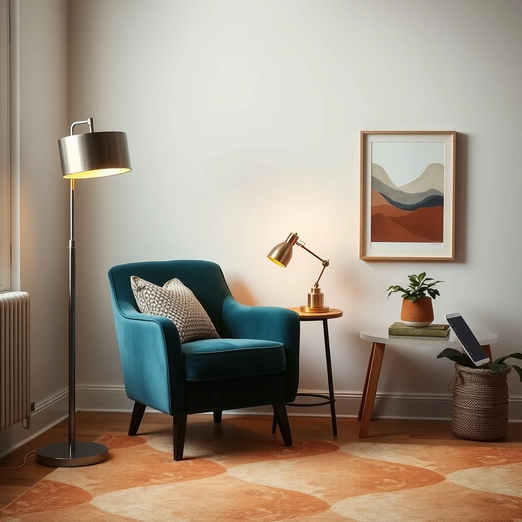 Cozy corner featuring a brushed metal floor lamp beside a teal velvet armchair a small brass table lamp on a side table and a dimmable pendant casting soft amber pools across the rug