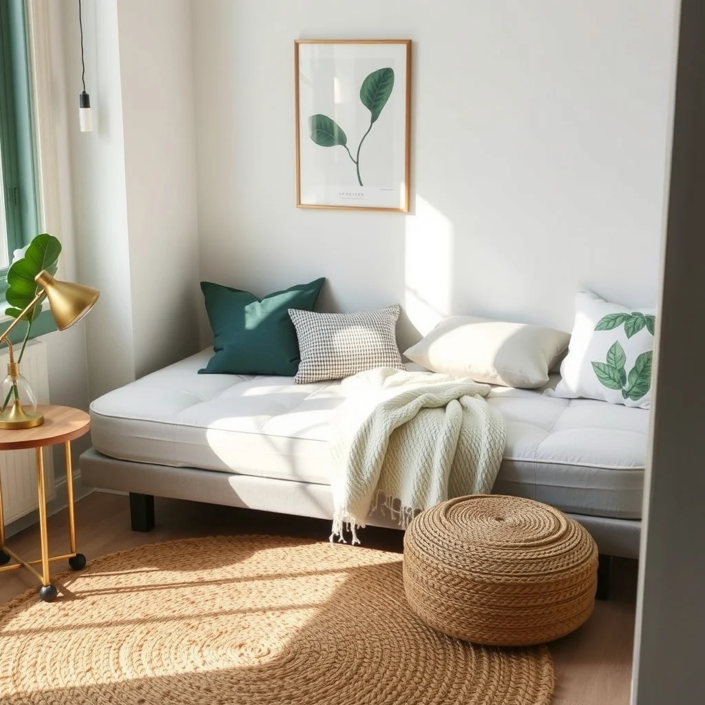 Cozy corner with layered textiles natural linen mattress pad ivory knitted throw teal velvet pillows woven jute rug soft side lighting from brass table lamp botanical print above