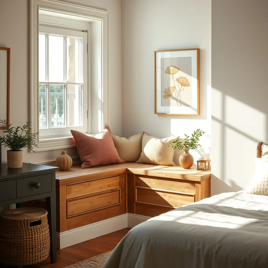 Cozy cottage bedroom window seat built into east window linen cushion in dusty rose lift up storage platform of reclaimed pine morning sun casting gentle shadows medium shot