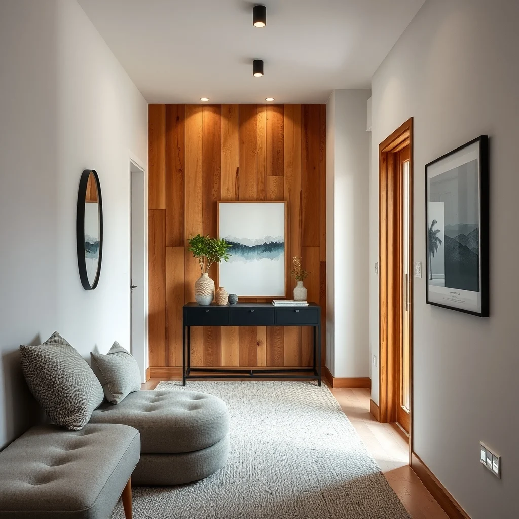 Cozy hallway showcasing interlocking reclaimed wood panels in warm amber brushed metal accents catching muted overhead LED glow narrow console with black metal adds contrast shadows emphasizing texture