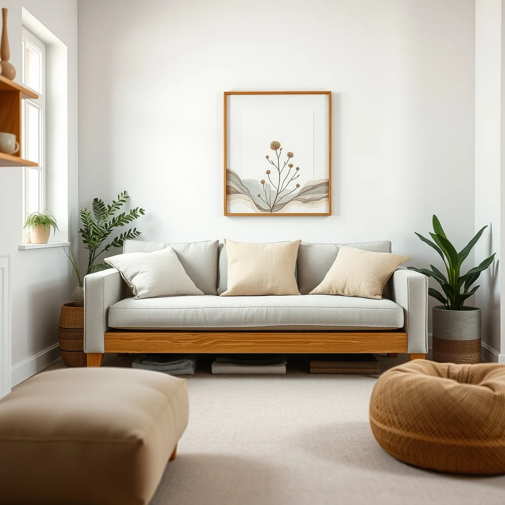 Cozy living room low profile linen sofa on oak frame neutral beige cushions soft natural light from a nearby window subtle abstract canvas above floor to ceiling shelving focus on hidden storage beneath seat