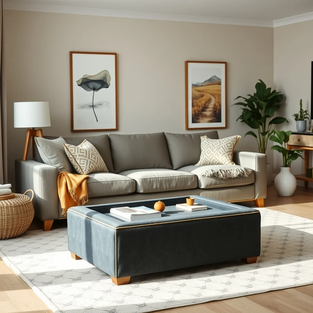 Cozy living room vignette plush charcoal fabric ottoman with lift
