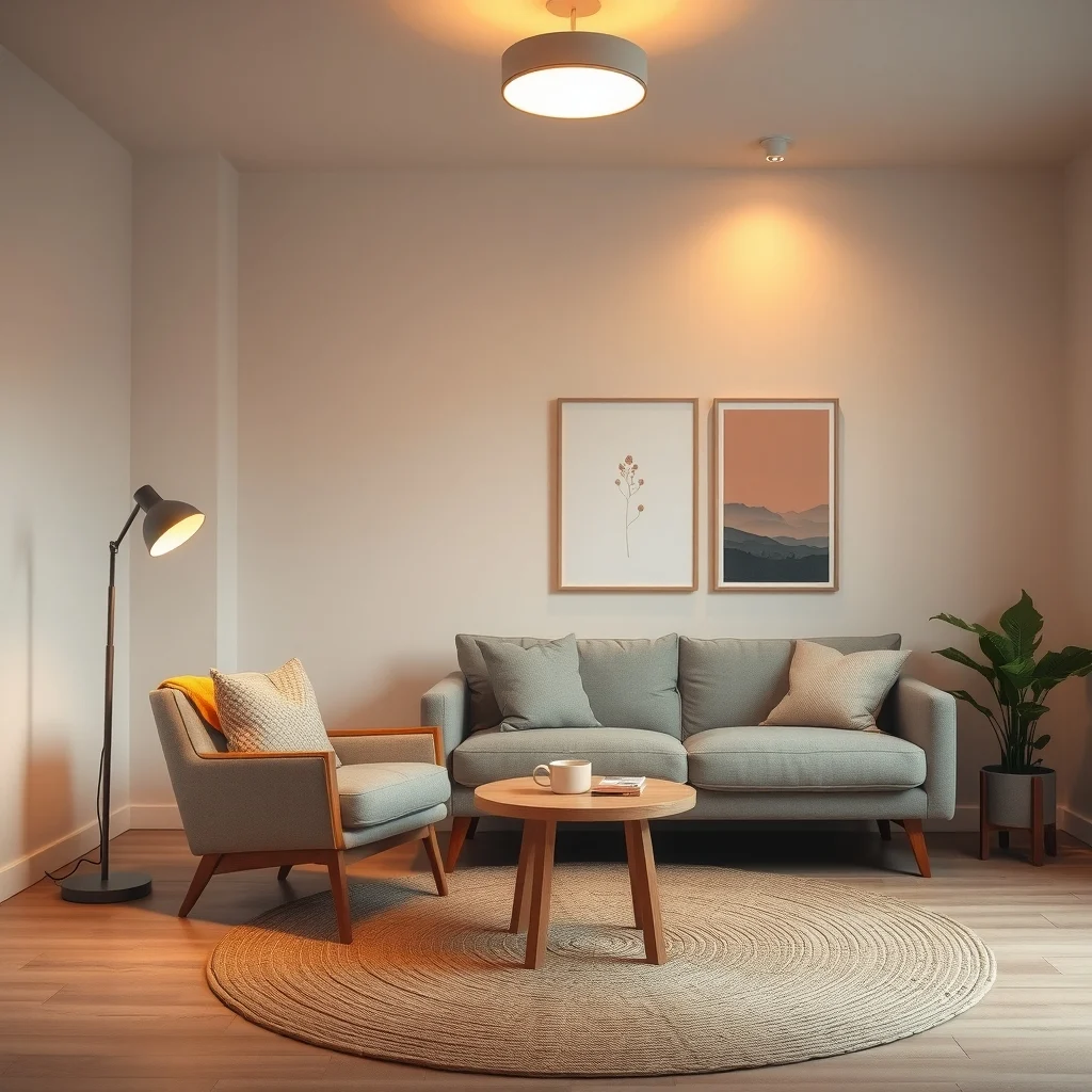 Cozy living room with neutral walls a sleek floor lamp beside a mid century sofa soft amber glow pooling on a woven rug overhead ceiling light dimmed wide angle minimal decor
