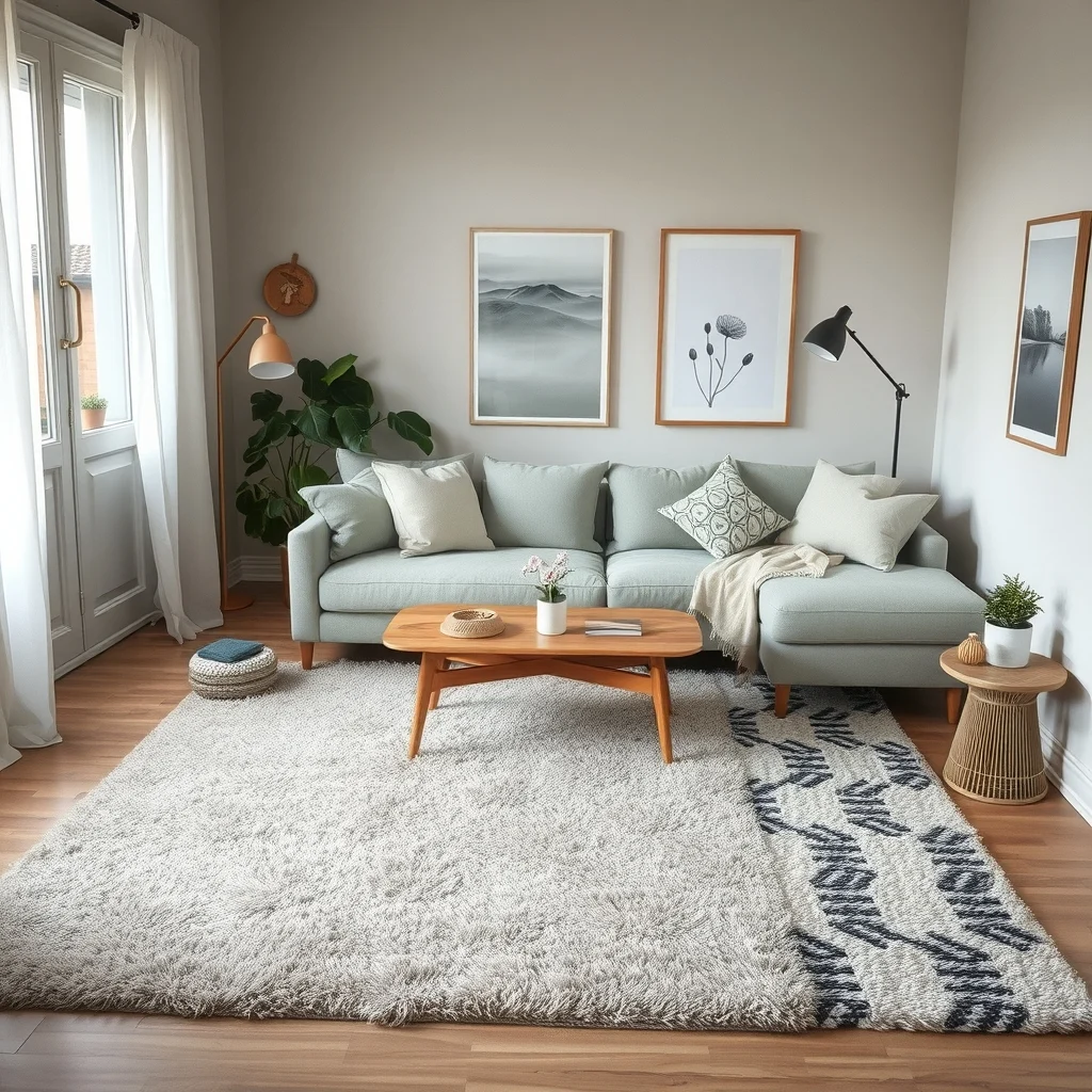 Cozy lounge area anchored by a large greige plush rug soft sage accents low teak coffee table linen sofa subtle linen curtains warm ambient lighting top down shot emphasizing defined floor plane