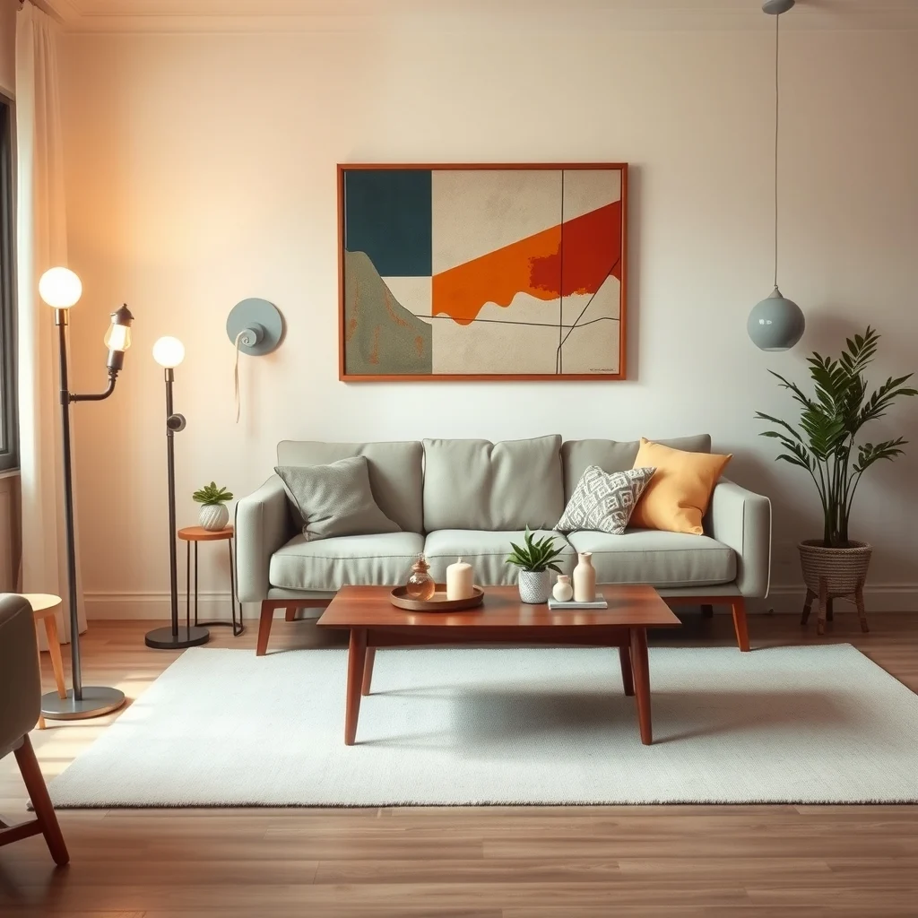 Cozy mid century modern living room cream walls walnut coffee table warm white LED bulbs glowing in a brushed nickel floor lamp soft amber light casting gentle shadows abstract geometric art above sofa