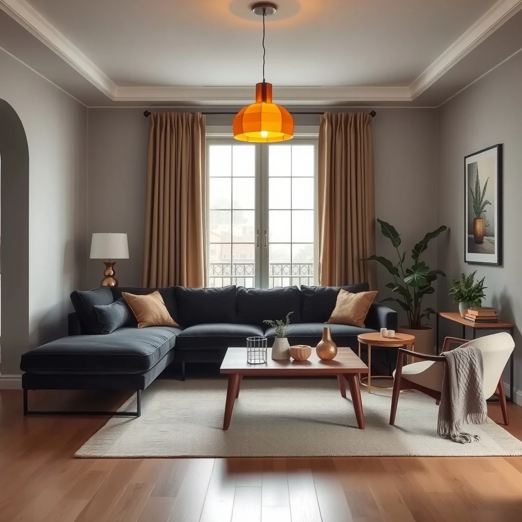 Cozy mid-century modern sofa with chaise deep charcoal velvet positioned centrally floor-to-ceiling window behind warm amber pendant lighting low walnut coffee table subtle gold accents wide shot