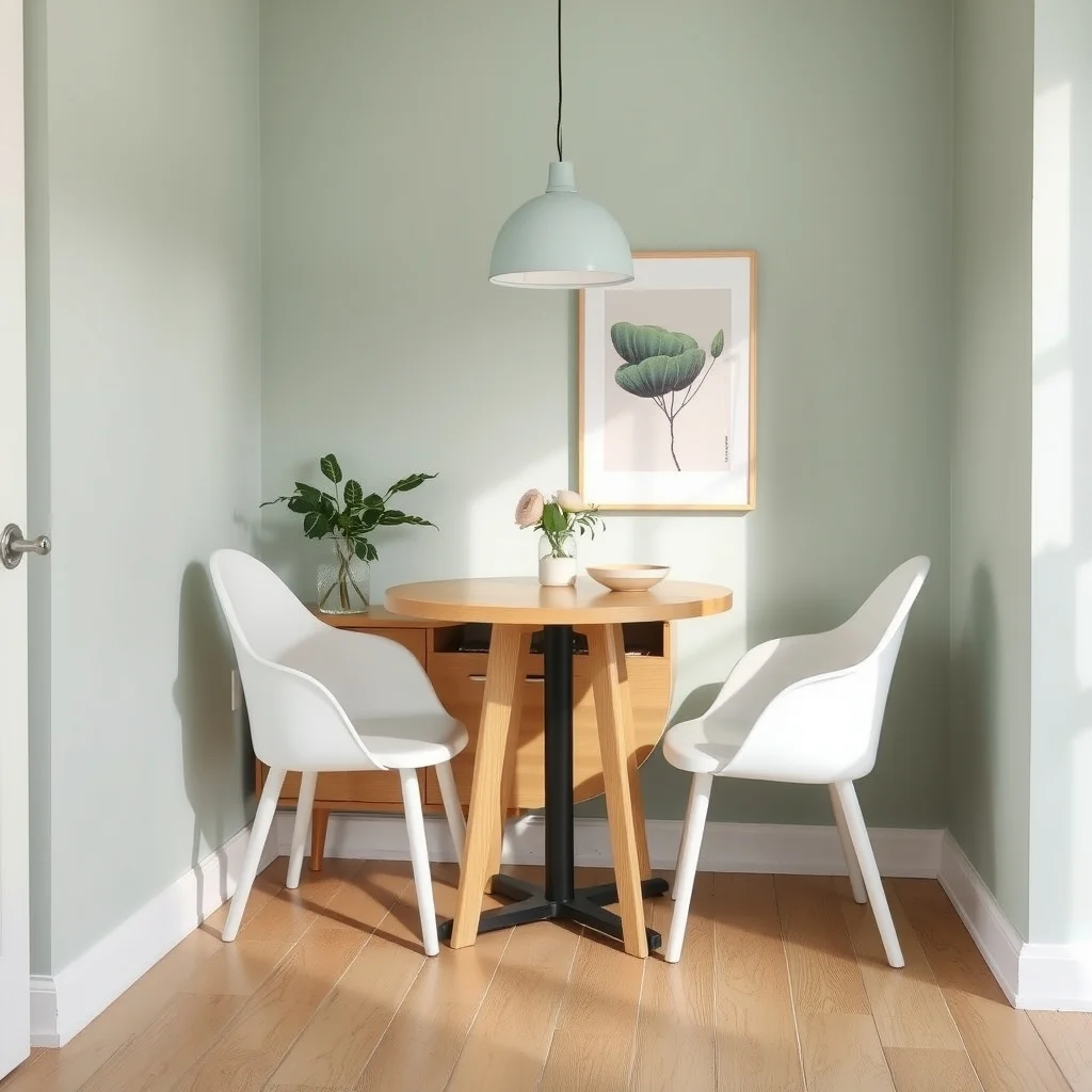 Cozy Scandinavian nook pale oak bistro table with hidden storage two minimalist white chairs nested beneath light pine floor pastel mint walls warm pendant lamp casting gentle glow small botanical print