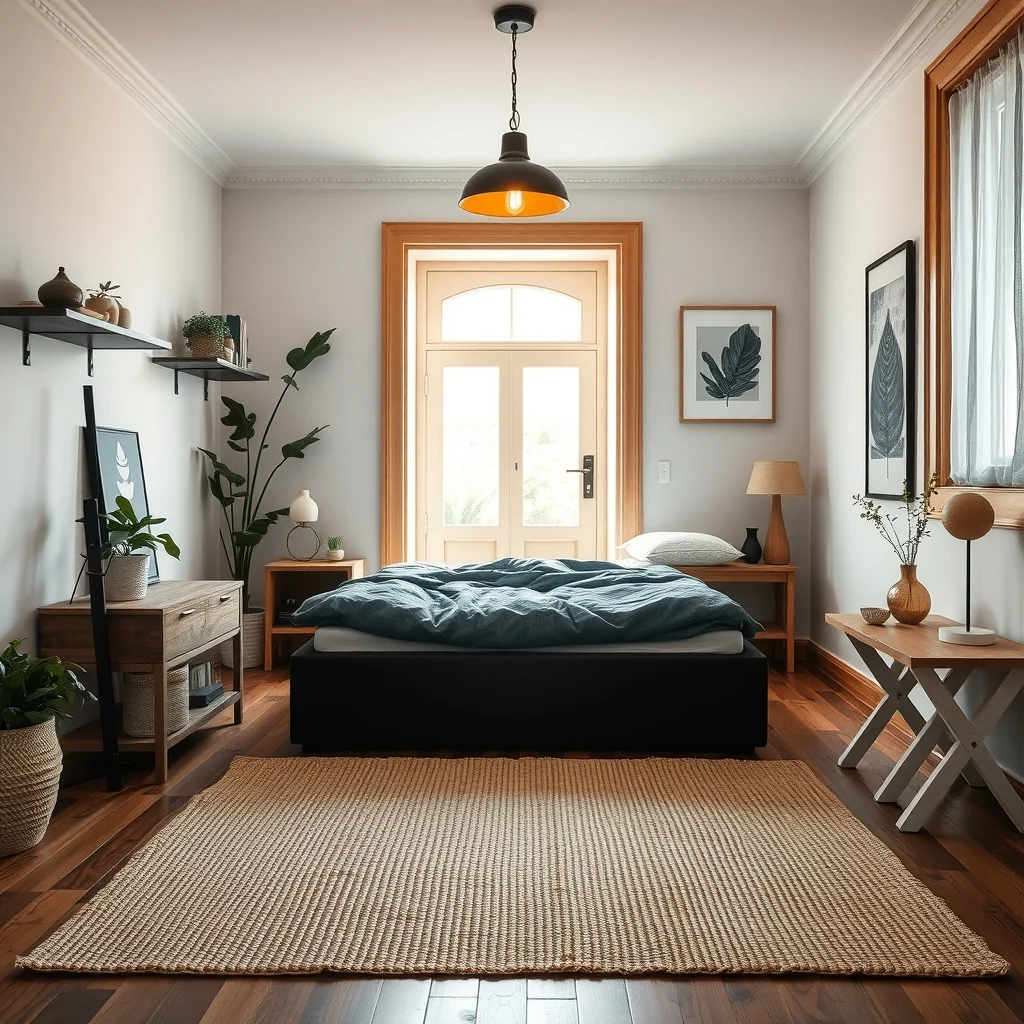 Cozy studio corner shot a rectangular natural jute rug starts at the foot of a charcoal platform bed and stretches toward the entry illuminated by warm pendant lighting and framed by light oak trim