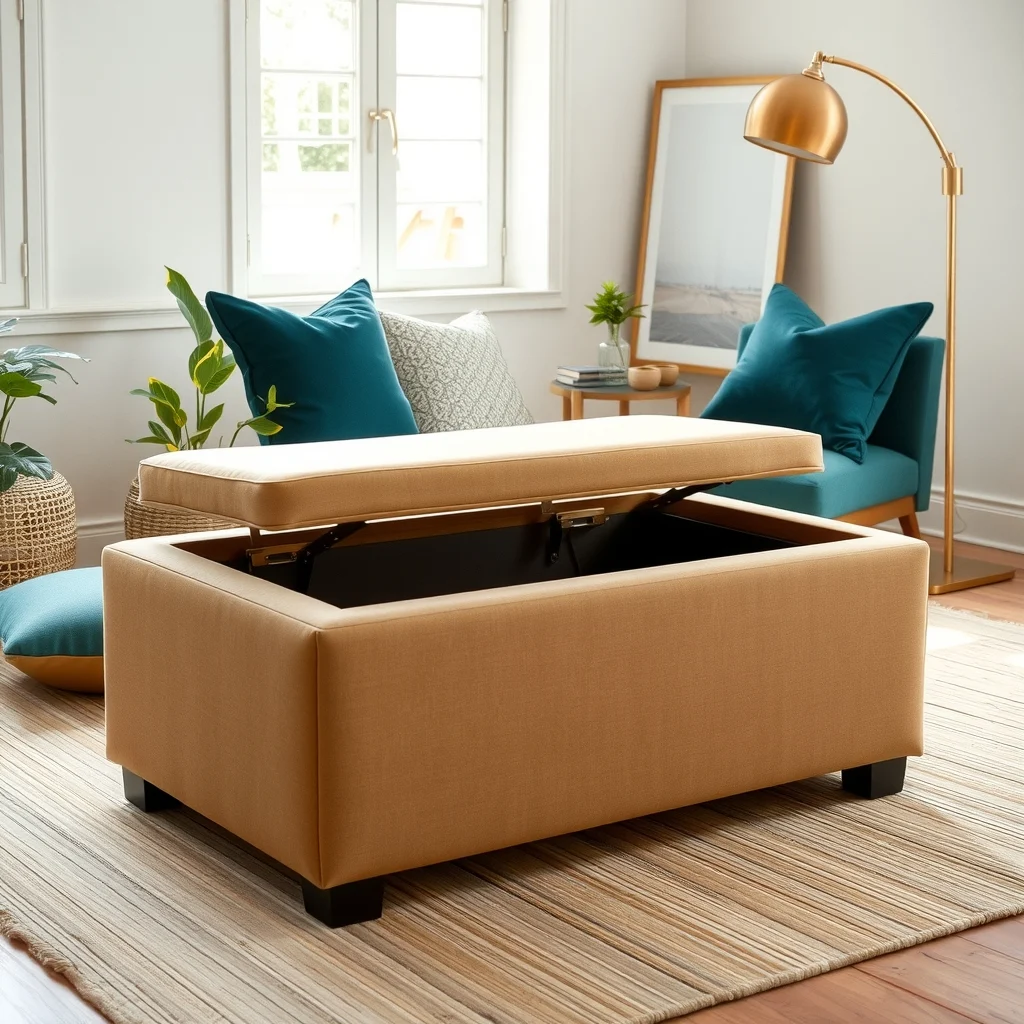 Earth tone sand upholstery ottoman with lift top clean lines placed on light bamboo rug open storage cavity visible surrounding teal velvet pillows brushed brass floor lamp casting