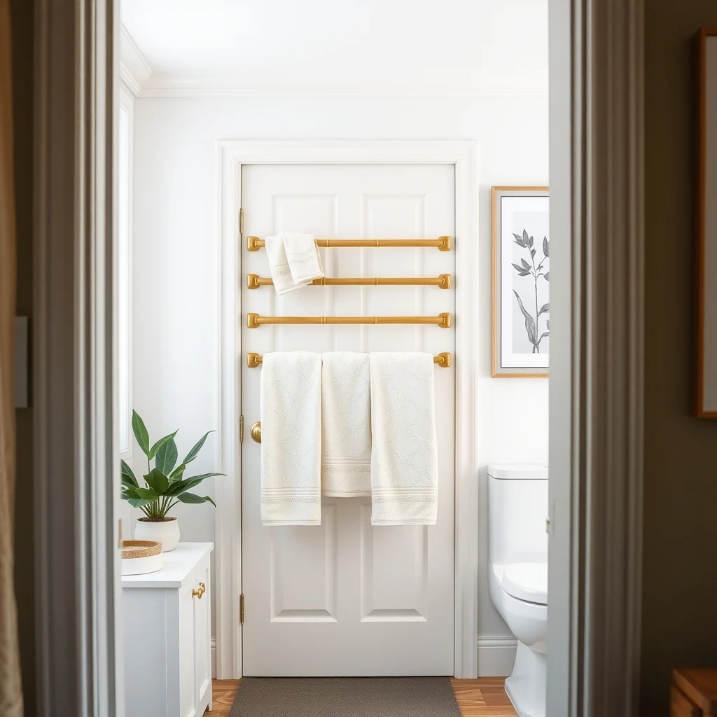 Elegant bathroom doorway shows an over door rack with three horizontal bamboo bars ivory towels draped brushed gold hardware warm amber lighting abstract botanical mural on opposite wall