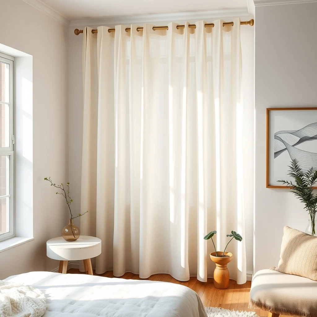 Elegant bedroom corner with a floor to ceiling linen fabric wall hanging in ivory draped over a slim brass rod gentle morning light creates subtle ripples highlighting woven texture