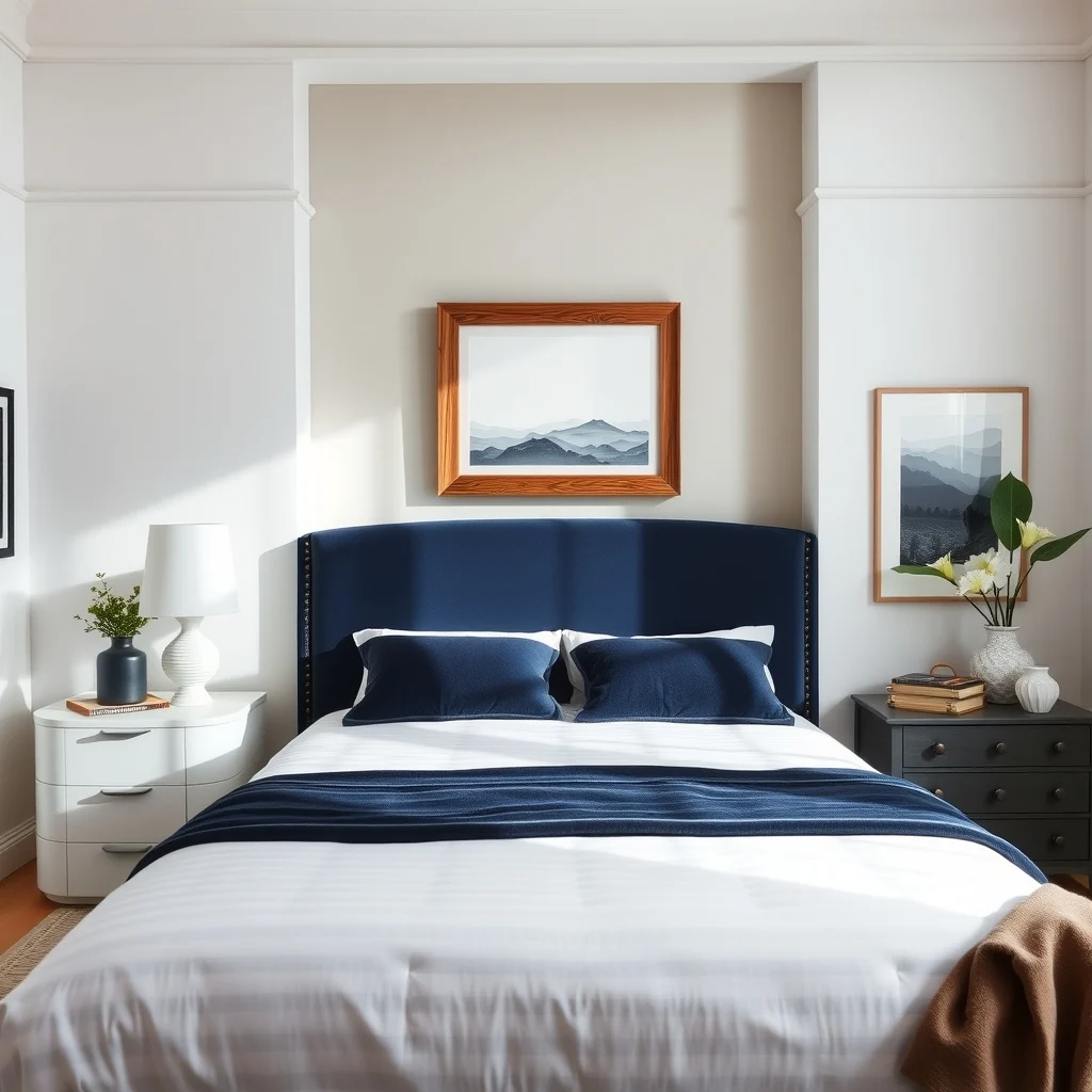 Elegant bedroom vignette featuring an upholstered velvet headboard in deep navy centered behind a white mattress with soft side lighting and a reclaimed wood frame accent creating a bold focal point